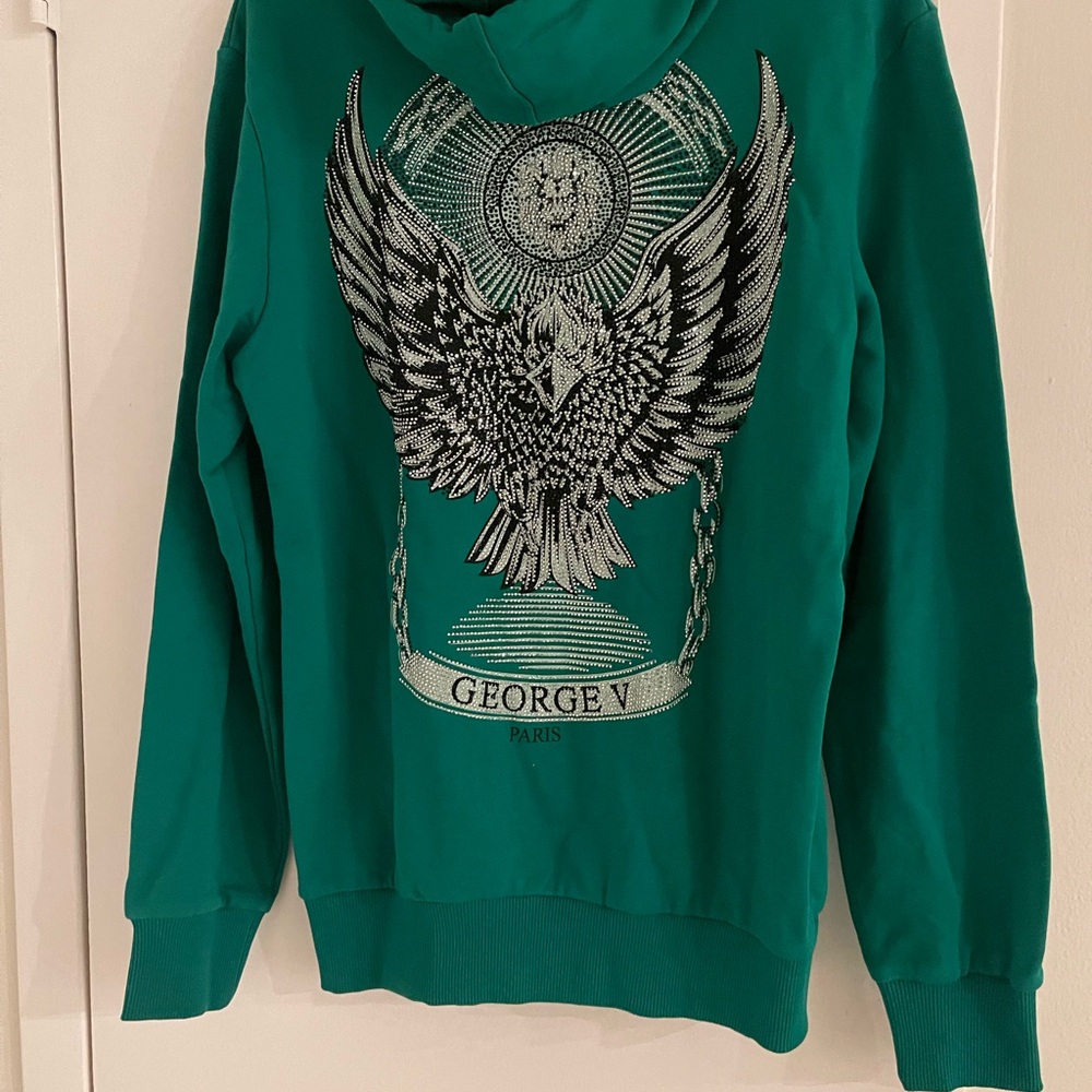 Avenue George V Paris men’s Green Hoodie Skull Rhinestone Men's Sweatshirt L